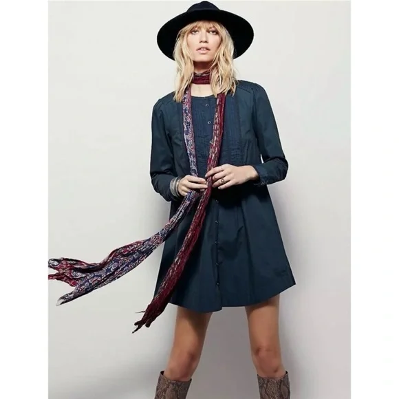 Free People Navy Lace Button Up Long Sleeve Dress Size Medium 100% Cotton - Picture 13 of 14